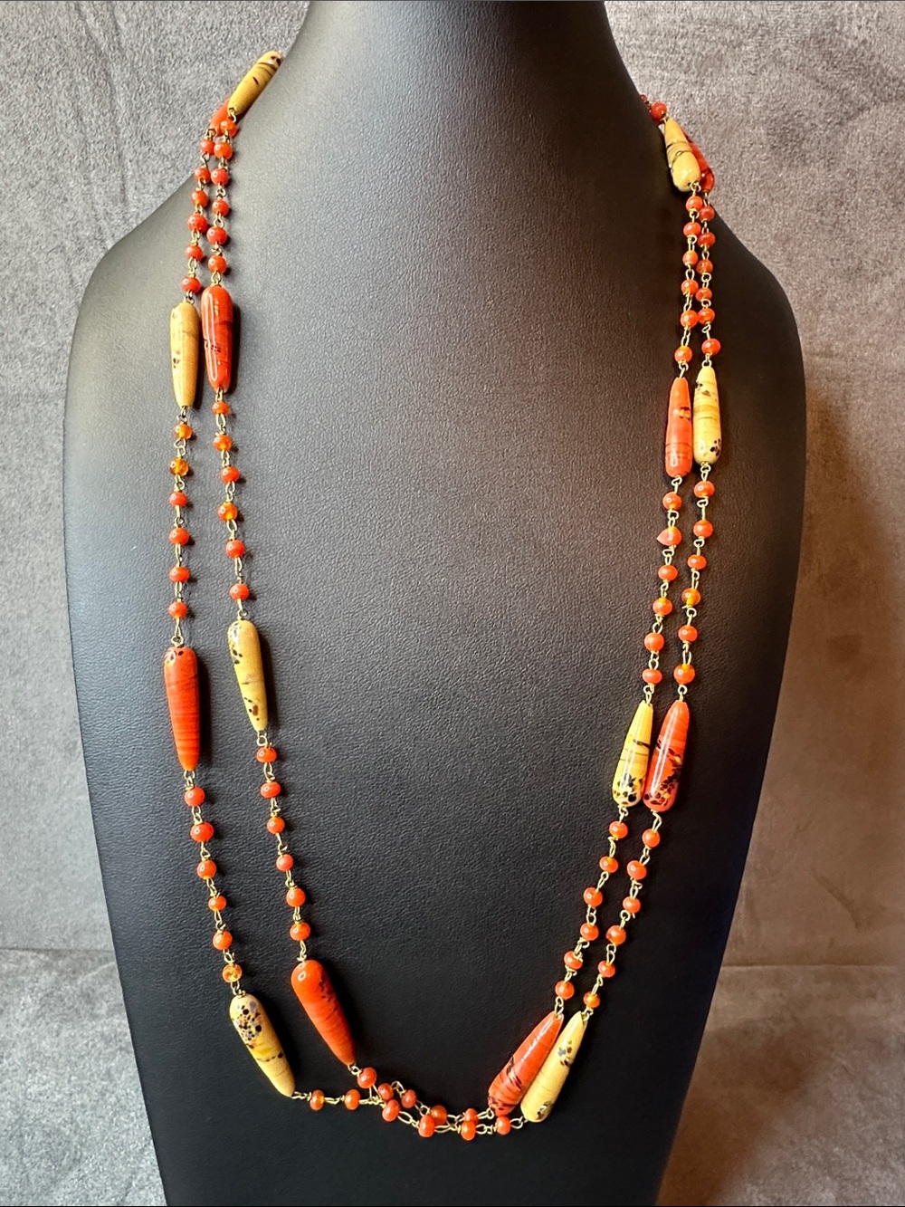 Double Strand Orange and Yellow Glass Bead Necklace - Women Jewelry